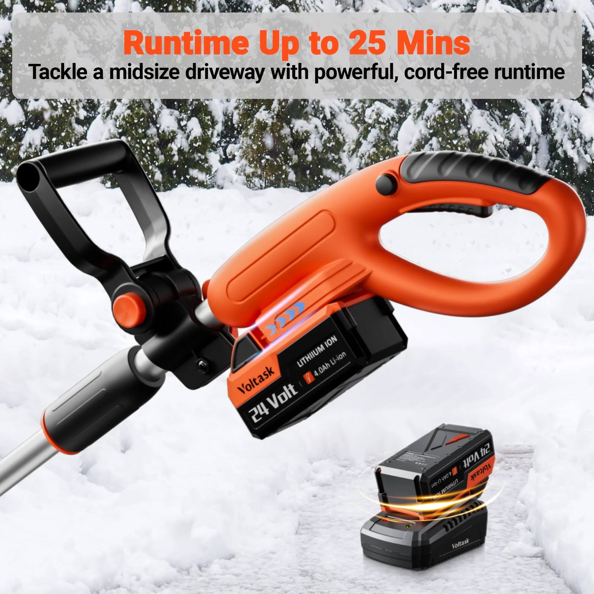 Runtime Up to 25 Mins  
Tackle a midsize driveway with powerful, cord-free runtime  

ION LITHIUM 0Ah Li-ion 4 Voltask Volt 24 2 Volt 1HC pe1? PRMAST L Foetak