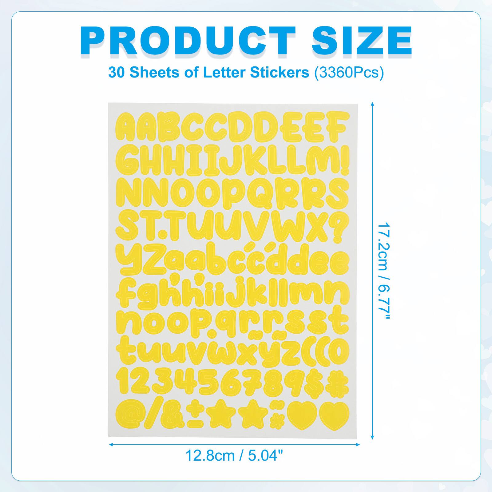PRODUCT SIZE  
30 Sheets of Letter Stickers (3360Pcs)  
AABCCDDEEF  
GHHIIJKLLMI  
NNOOPQRRS  
STTUUVWX?  
17  
YZaabccddee  
2cm / FghhiiJklimn  
6.77"  
nooparrsst  
tuuvwxyzcco  
123456789$#  
e/&t /&*  
12.8cm / 5.04" / 5.04"