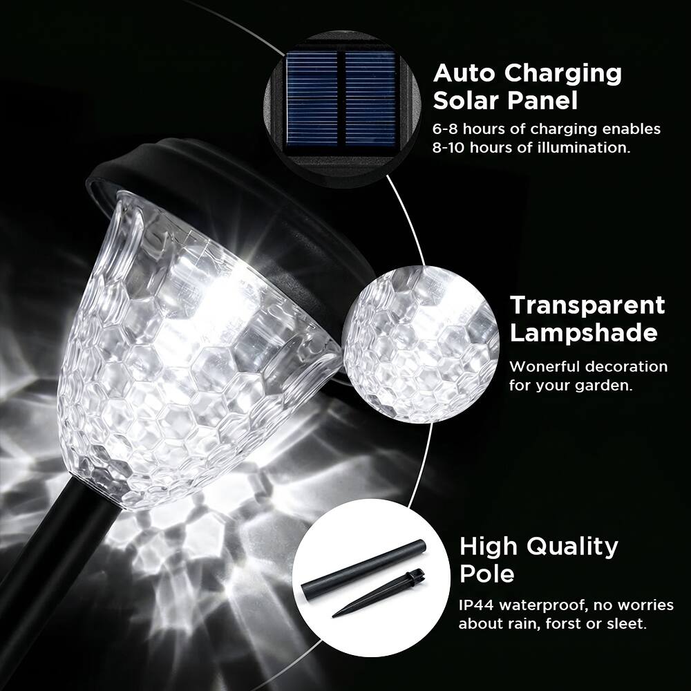 Auto Charging Solar Panel  
6-8 hours of charging enables 8-10 hours of illumination.  

Transparent Lampshade  
Wonderful decoration for your garden.  

High Quality Pole  
IP44 waterproof, no worries about rain, frost or sleet.
