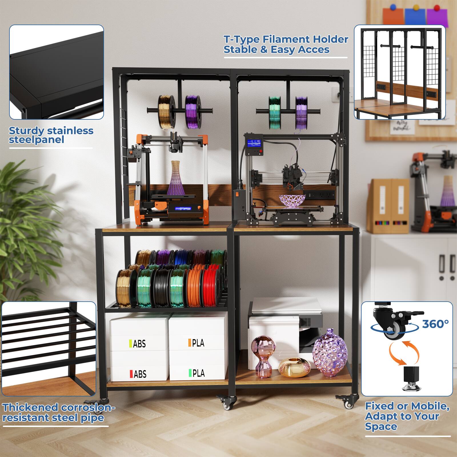 - Type Filament Holder Stable & Easy Access
- Sturdy stainless steel panel
- Thickened corrosion-resistant steel pipe
- Fixed or Mobile, Adapt to Your Space