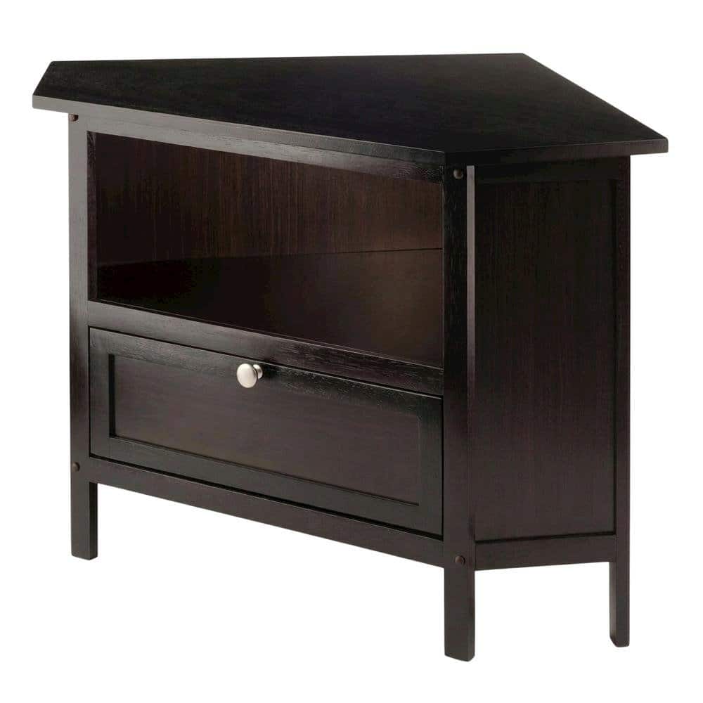 FurniFact - Solid Wood Corner TV Stand With Storage Flip Down Door And Open Shelf - Espresso