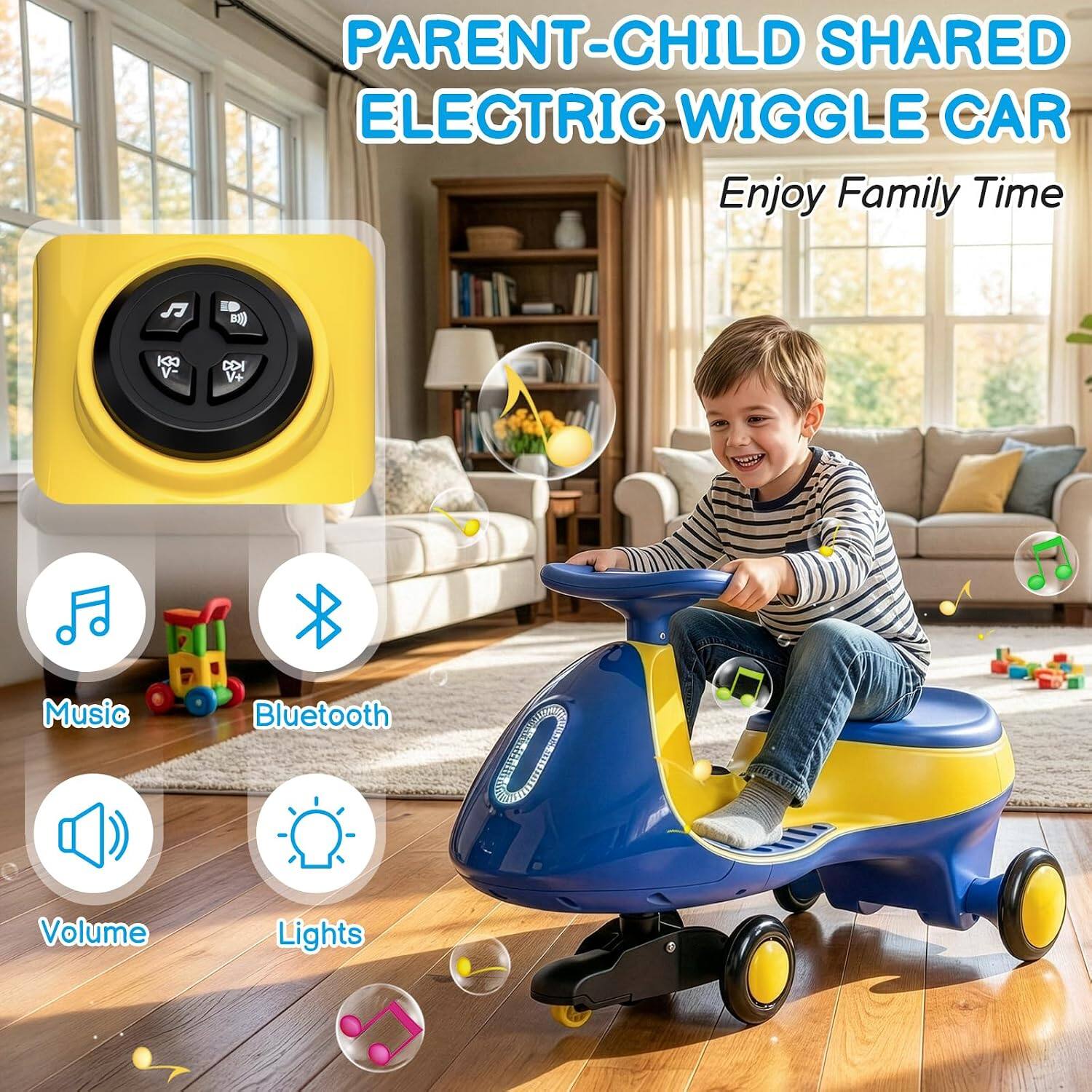 PARENT-CHILD SHARED ELECTRIC WIGGLE CAR  
Enjoy Family Time

B1)  
KK V-  
DI V+  
Music  
Bluetooth  
Volume  
Lights