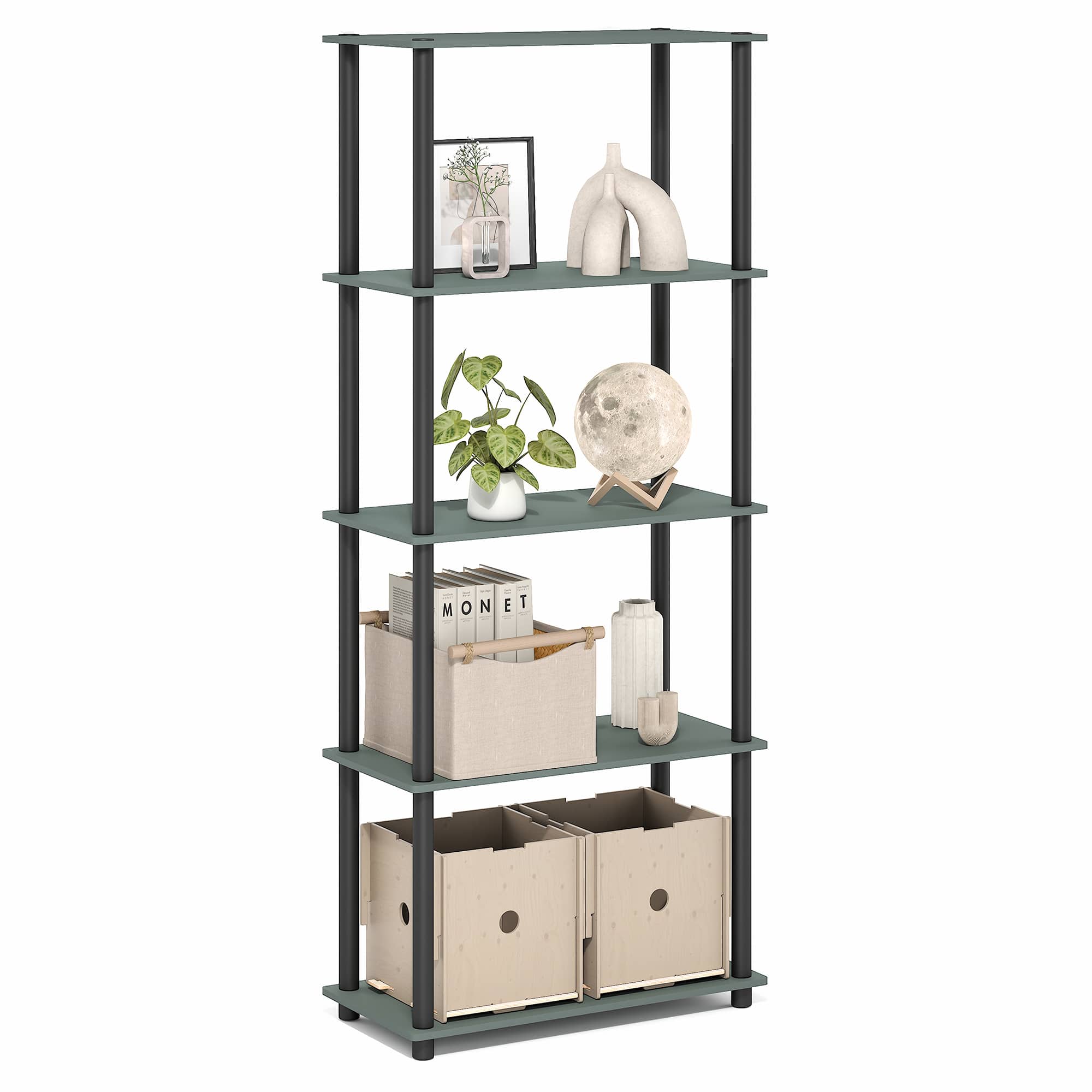 Furinno - TURN-N-TUBE Storage Shelves, 5-Tier Book Shelf, Corner Shelf, Toolless Open Shelves - Sage Green/Black