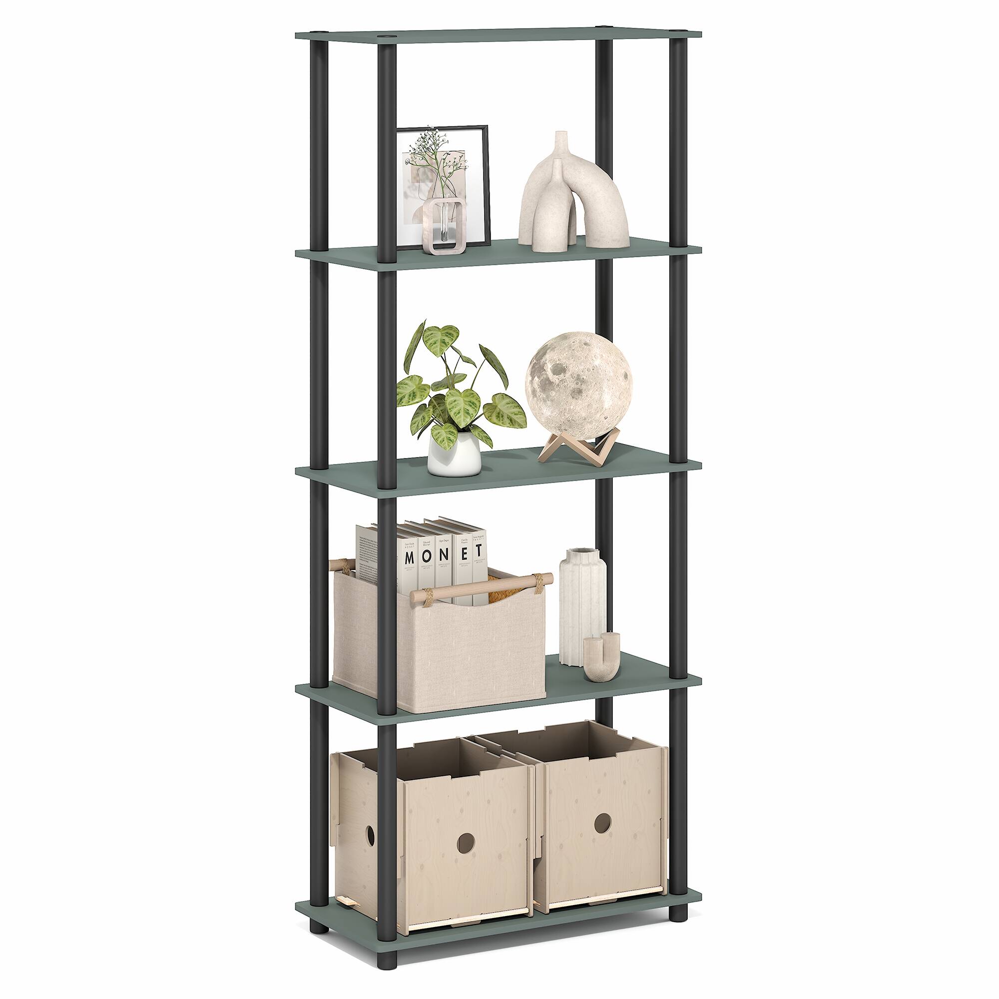 Front. Furinno - TURN-N-TUBE Storage Shelves, 5-Tier Book Shelf, Corner Shelf, Toolless Open Shelves - Sage Green/Black.