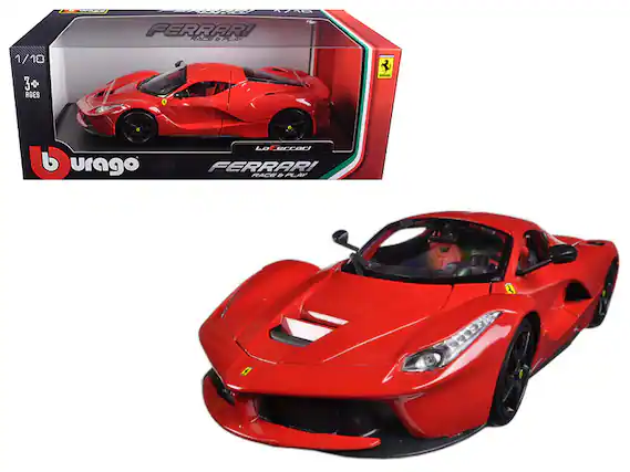 Sure, here is the corrected and grouped text from the image:
- **FERRARI**
- **RACE & PLAY**
- **1/18**
- **3+ AGES**
- **LaFerrari**
- **FERRARI**
- **RACE & PLAY**
- **Burago**