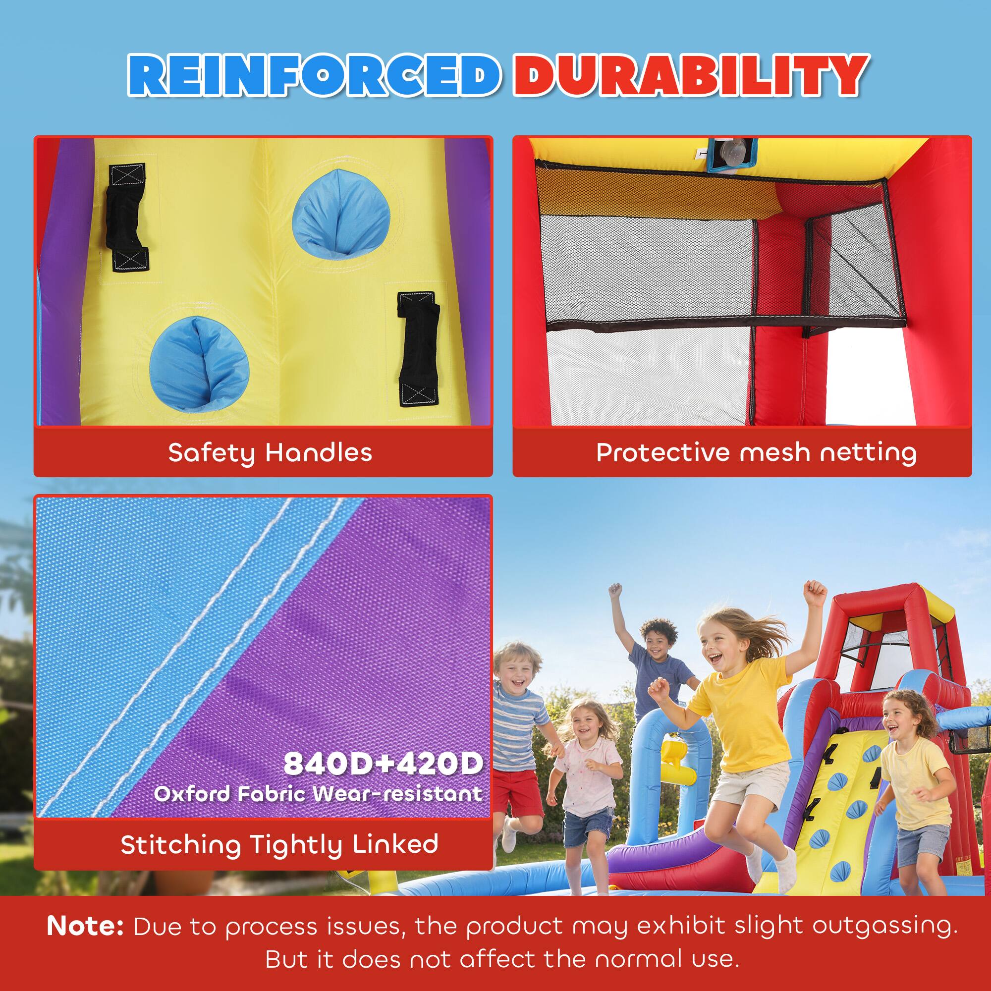 REINFORCED DURABILITY

- Safety Handles
- Protective mesh netting
- 840D+420D Oxford Fabric
- Wear-resistant K Stitching
- Tightly Linked

Note: Due to process issues, the product may exhibit slight outgassing. But it does not affect the normal use.