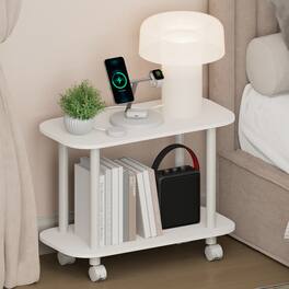 Furinno - TURN-N-TUBE Night Stand, 2-Tier Oval Nightstand with Wheels, Round Corner Side Table, End Table, Toolless Assembly - White