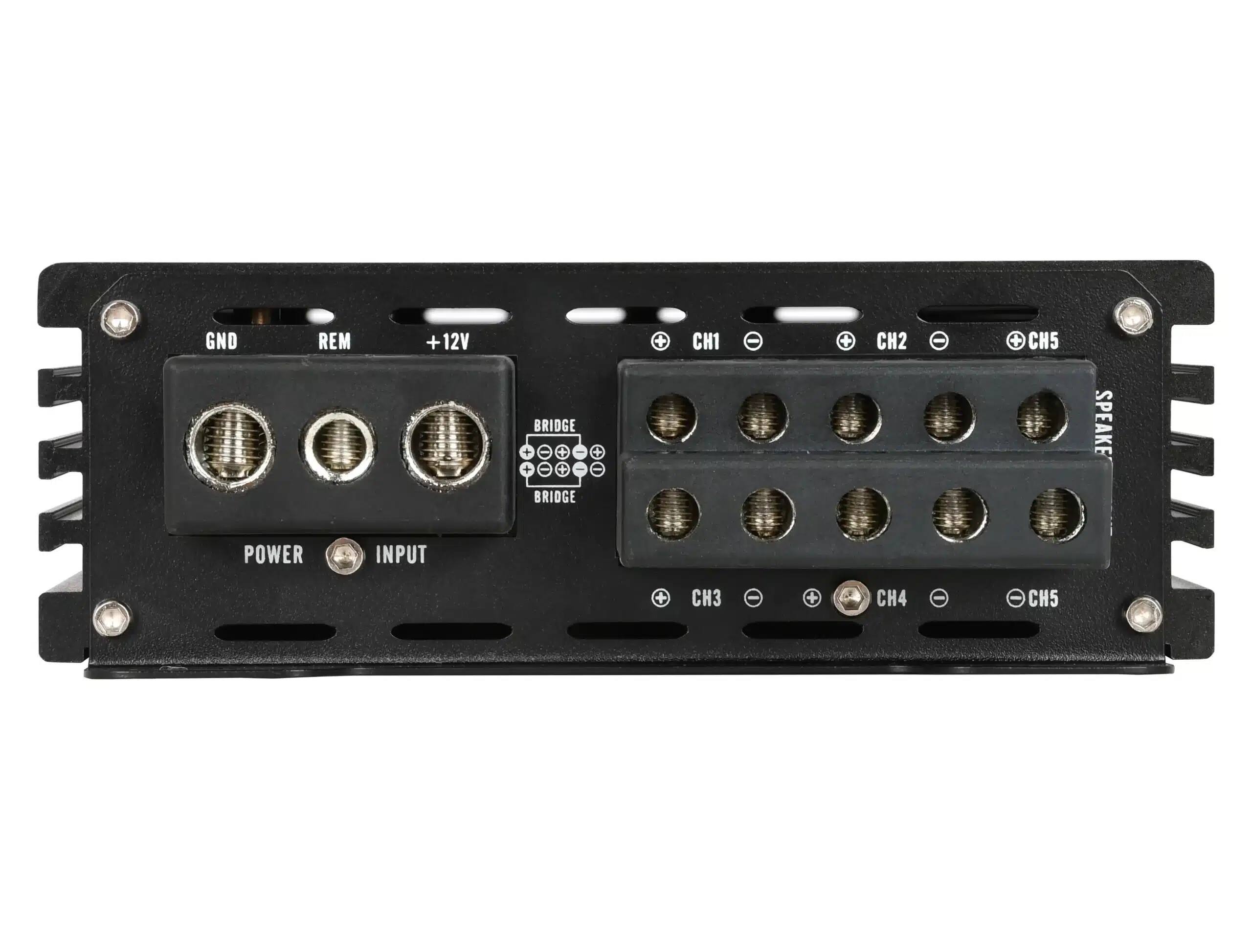 GND REM +12V BRIDGE + + BRIDGE + + CH1 - CH2 + CH5 SPEAKER POWER INPUT + CH3 - CH4 - CH5