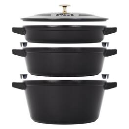 Staub - Cast Iron Set 4-pc, Stackable Space-Saving Cookware Set, Dutch Oven with Universal Lid, Made in France, Matte Blac - Black
