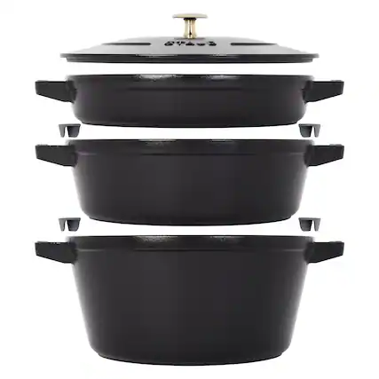 Front. Staub - STAUB Cast Iron Set 4-pc, Stackable Space-Saving Cookware Set, Dutch Oven with Universal Lid, Made in France, Matte Blac - Black.