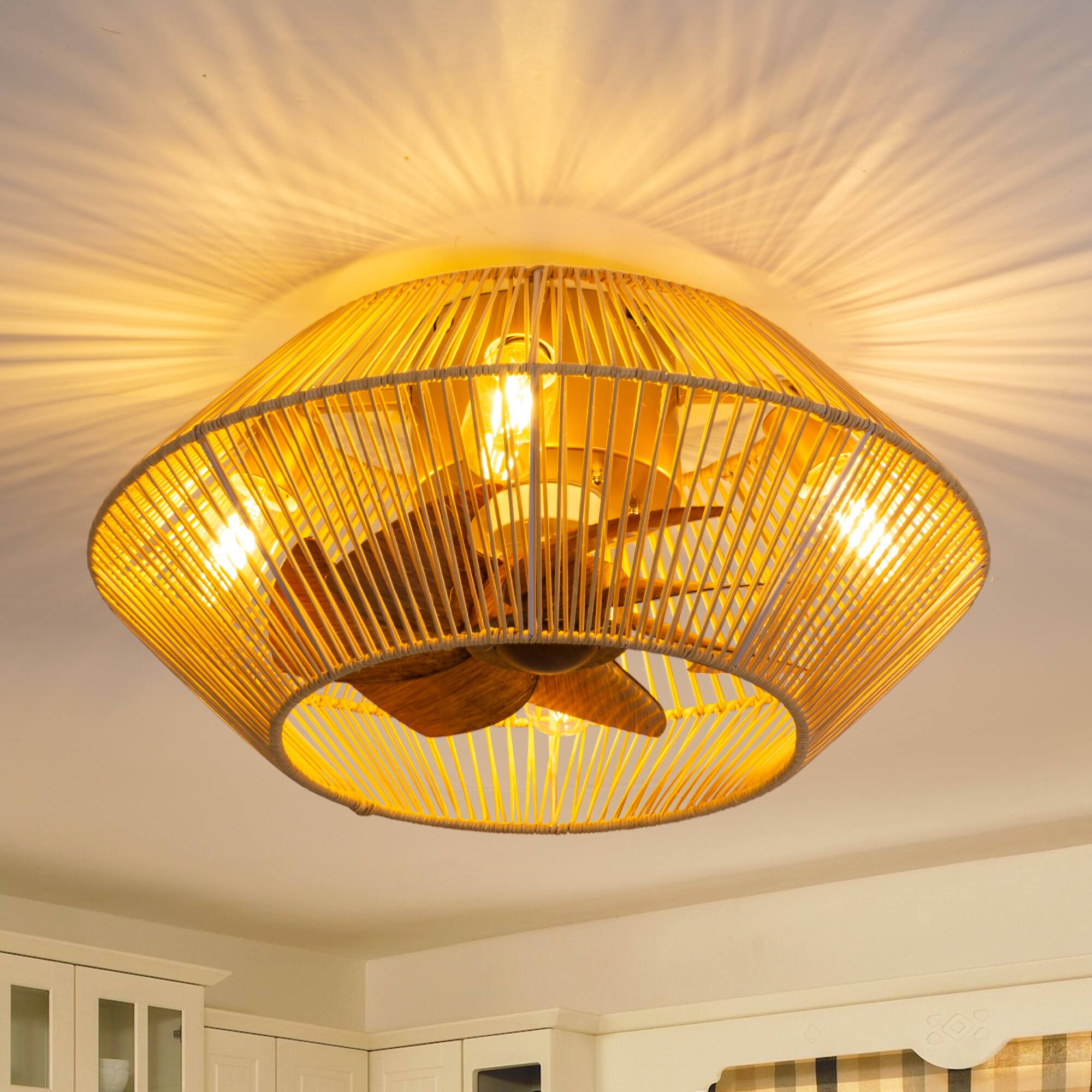 Breezary - 19" Indoor Caged Rattan Ceiling Fan with LED Light, 7 ABS Blades, 6-Speed, DC Motor, Remote Control with Timer - Gold and Dark Wood Grain