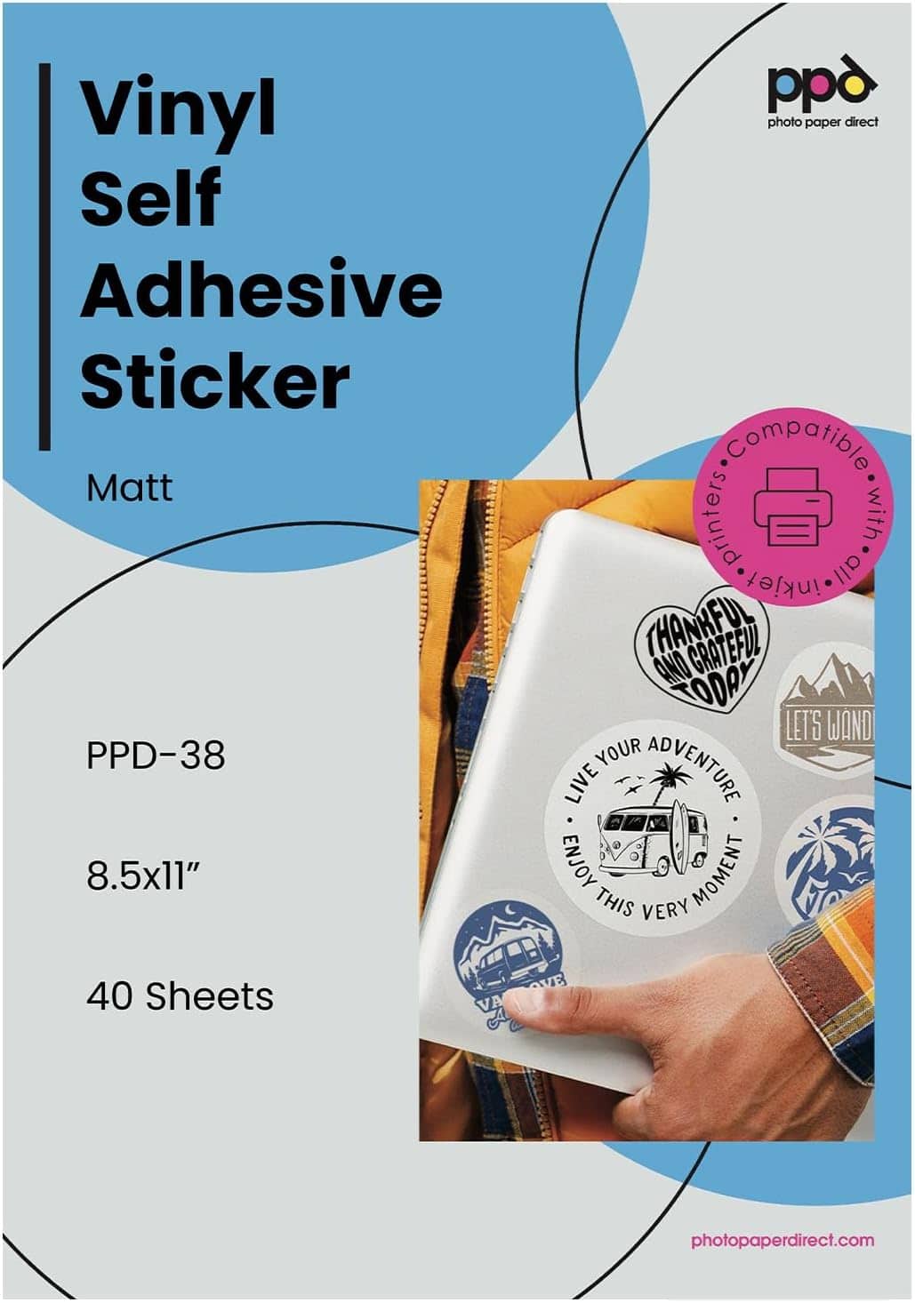 Photo Paper Direct - Matte Vinyl Sticker Paper 8.5x11 for Inkjet Printers (40 Sheets) - White
