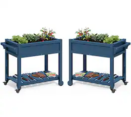 SERWALL - Raised Garden Bed on Wheels with Storage Shelf Set of 2 - Navy