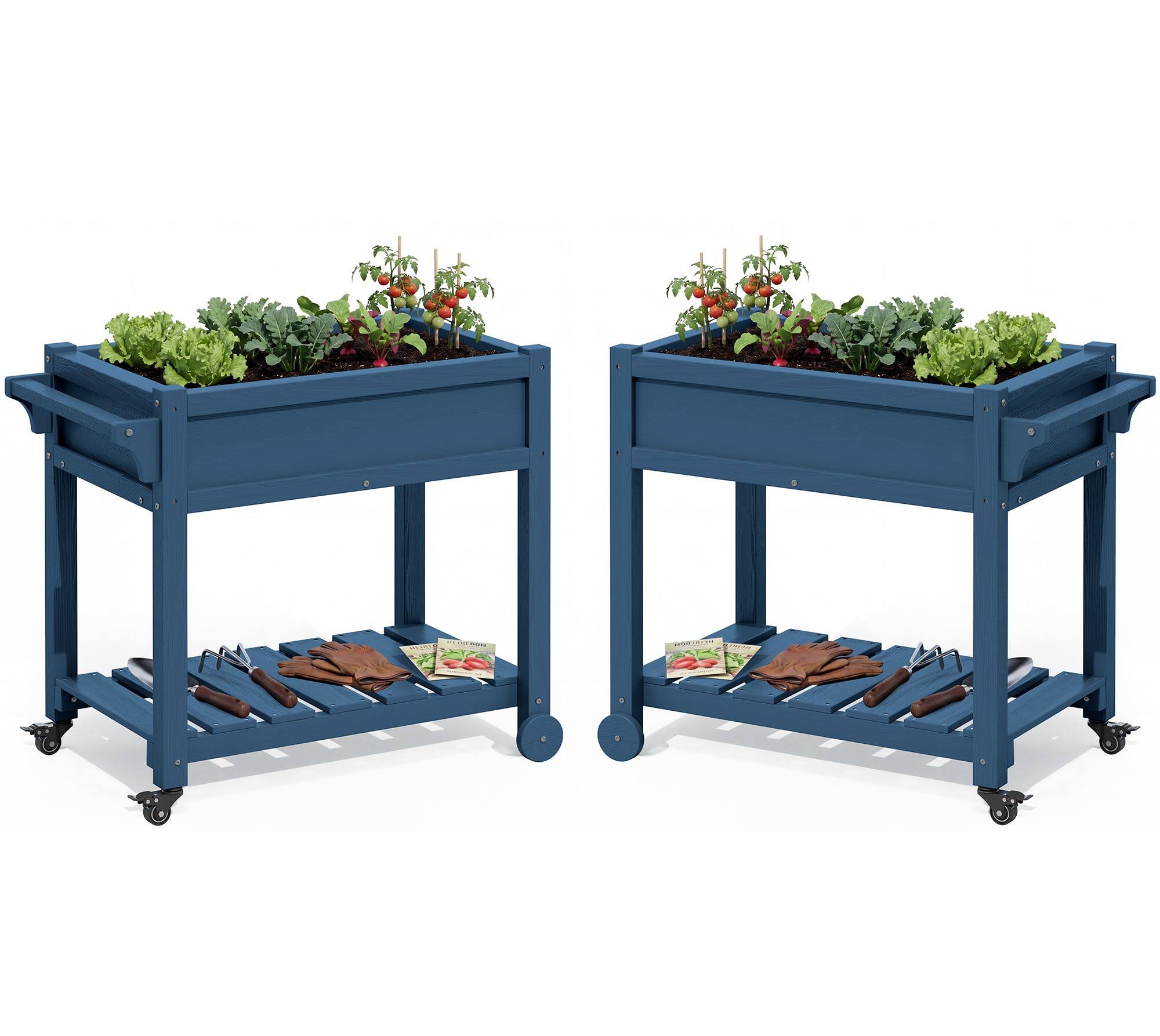 Front. SERWALL - SERWALL Raised Garden Bed on Wheels with Storage Shelf Set of 2,Navy - Navy.