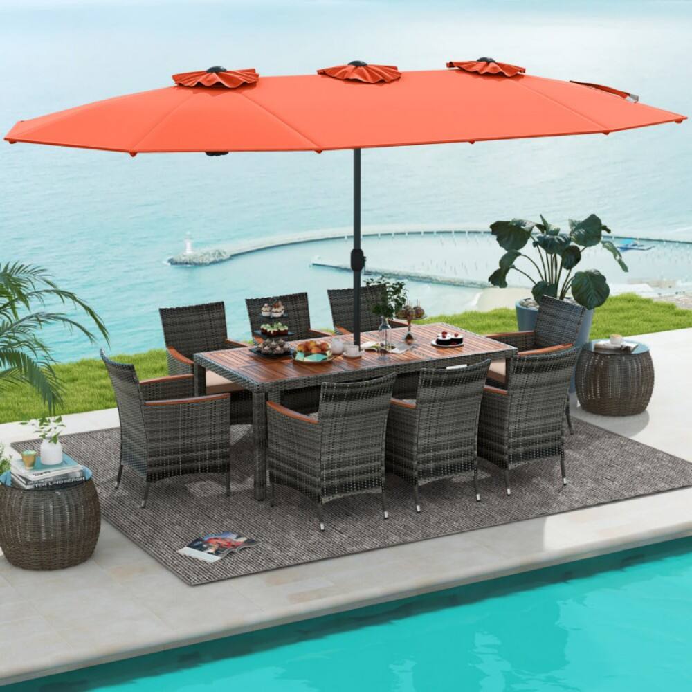 Left. Mondawe - 10 Pieces Patio Wicker Dining Set with 15 Feet Double-Sided Patio Umbrella - Orange.
