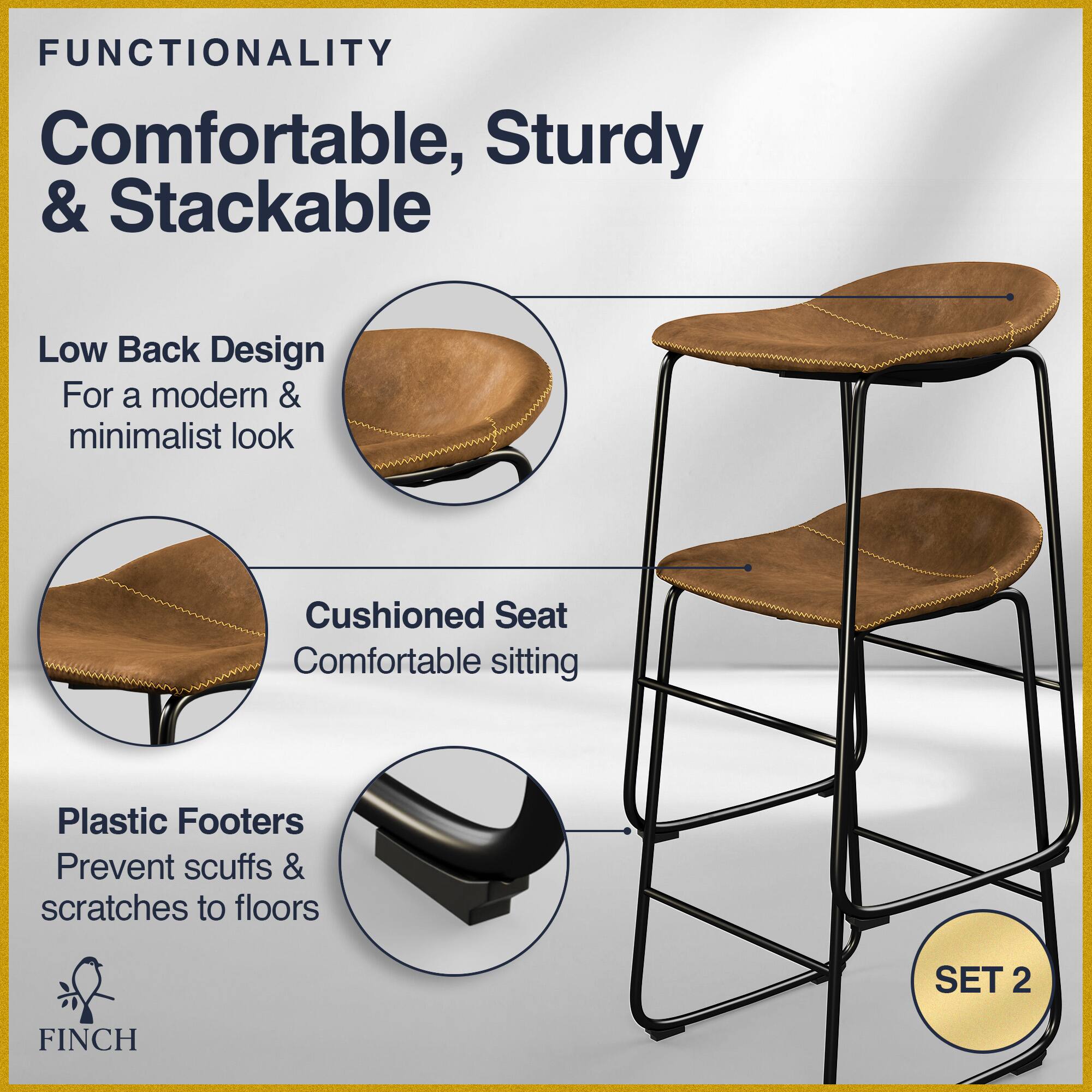 FUNCTIONALITY  
Comfortable, Sturdy & Stackable  
Low Back Design  
For a modern & minimalist look  
Cushioned Seat  
Comfortable sitting  
Plastic Footers  
Prevent scuffs & scratches to floors  

SET 2  
FINCH