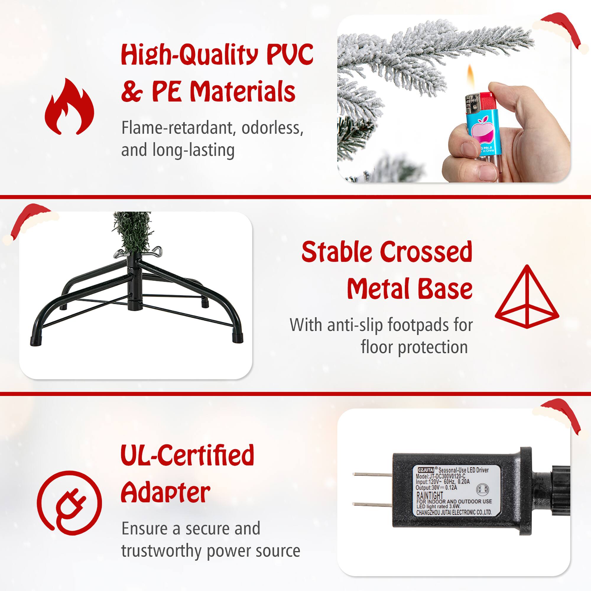 High-Quality PUC & PE Materials  
Flame-retardant, odorless, and long-lasting  

Stable Crossed Metal Base  
With anti-slip footpads for floor protection  

UL-Certified Adapter  
Ensure a secure and trustworthy power source  

Model: J-SS00129-LED Driver  
Input: 200-240V~50/60Hz 0.12A  
Output: 12V 0.10A  
IP65  
RAINTIGHT  
FOR INDOOR AND OUTDOOR USE  
CHANGZHOU JIUTAI ELECTRONIC CO., LTD.
