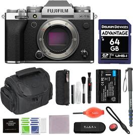 Fujifilm - X-T5 Mirrorless Camera (Silver) Bundle with Extra Battery, Monopod, 64GB SDXC Card & More