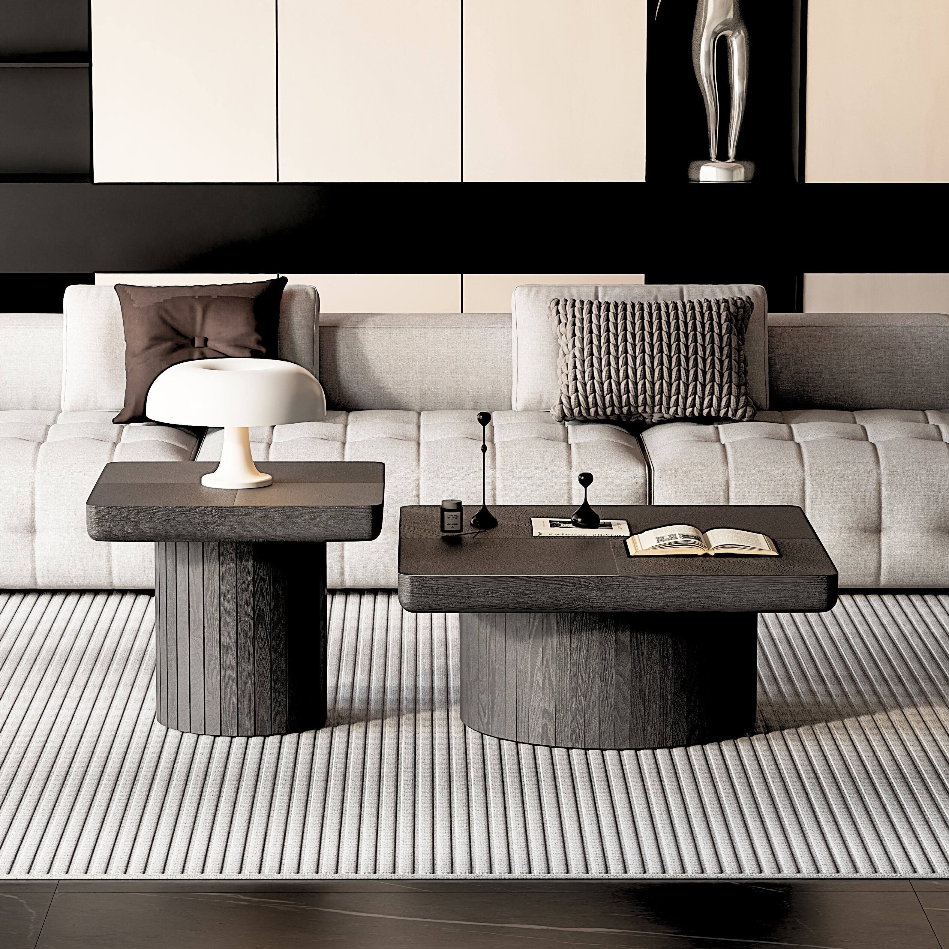 Left. Loheer - Loheer Modern Black Wood Nesting Coffee Table Set Center Table with Fluted Pedestal for Living Room - Black.