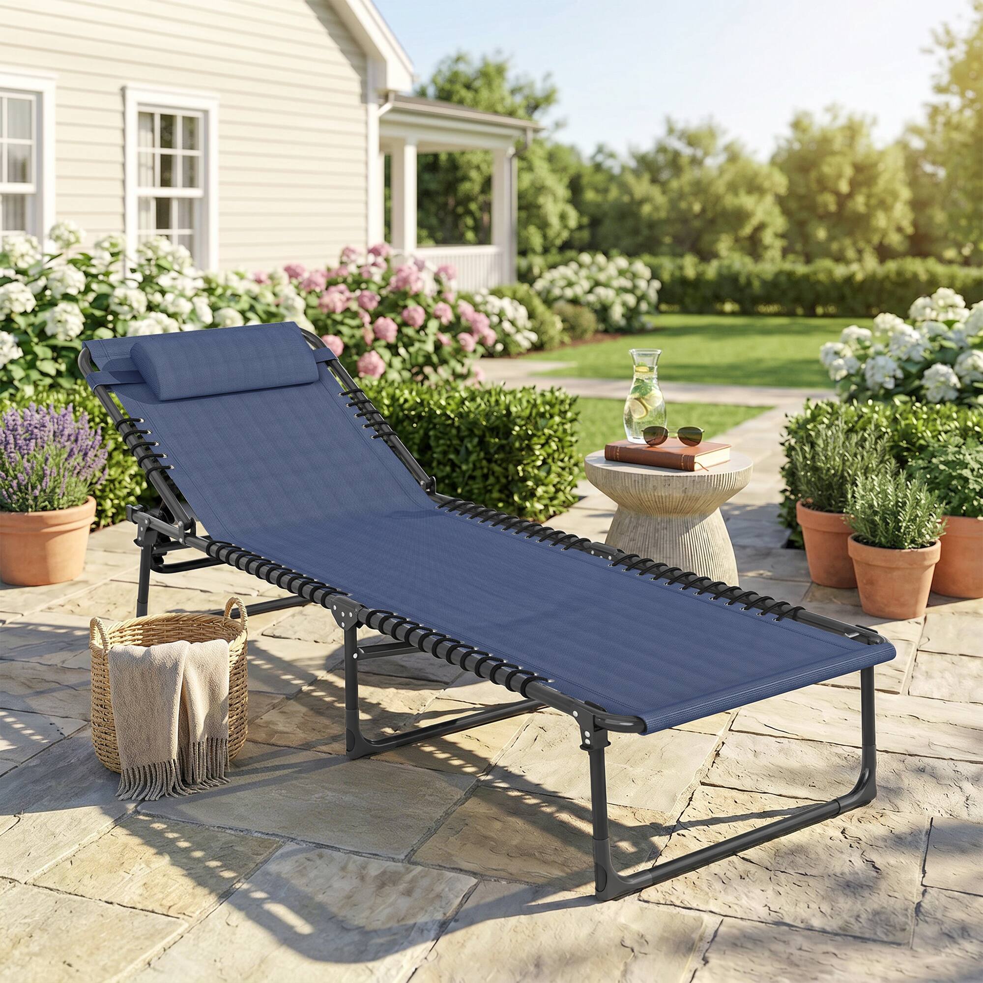 Alt View 1. Outsunny - Chaise Lounge Pool Chair with 4-Position Reclining Back, Pillow, Breathable Mesh & Bungee Seat - Blue.