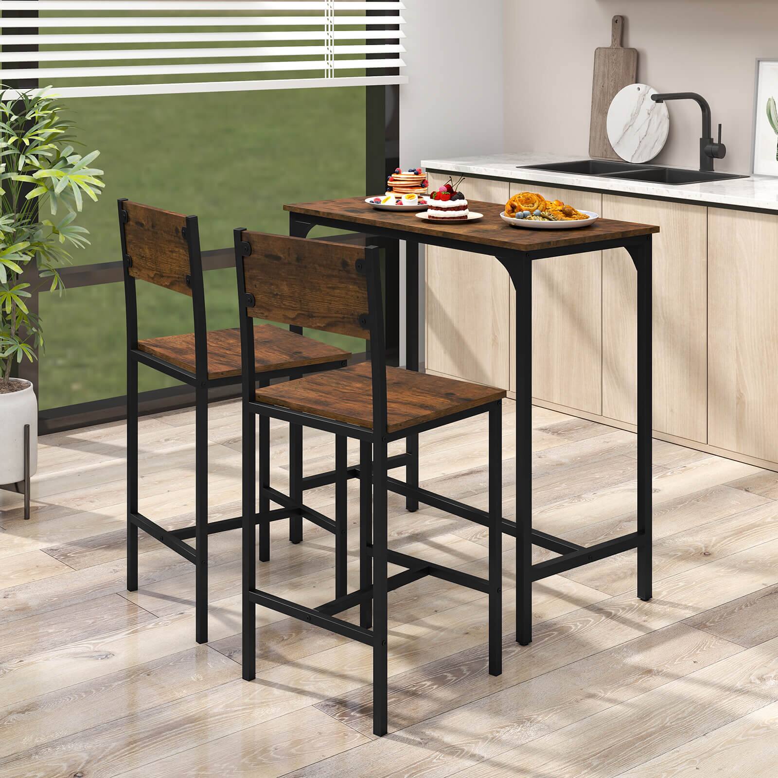 Alt View 3. Costway - Costway 3 PCS Bar Table Set Pub Dining Table & 2 Bar Stools with Backrest & Footrest - Brown.