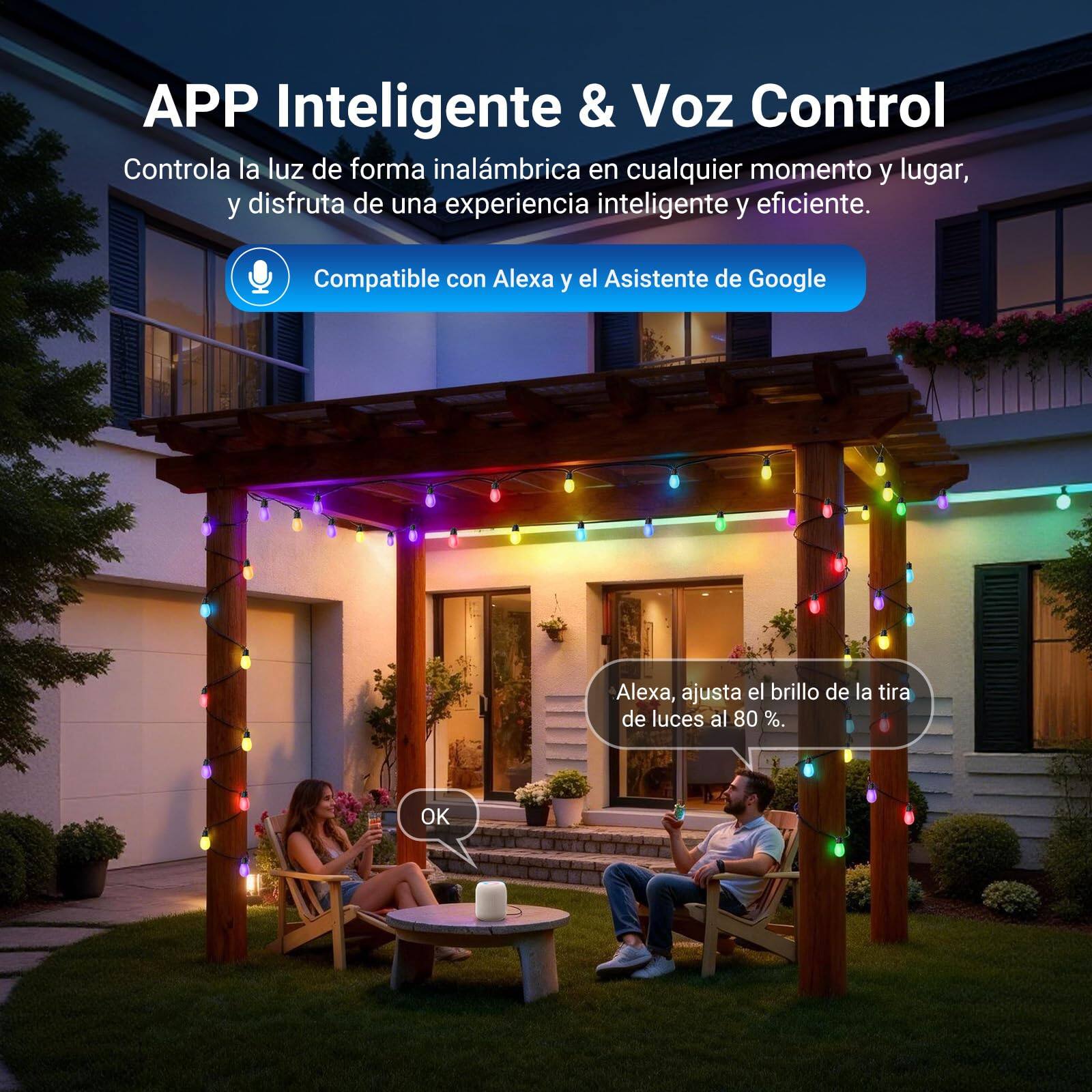 APP Inteligente & Voz Control  
Controla la luz de forma inalámbrica en cualquier momento y lugar, y disfruta de una experiencia inteligente y eficiente.  
Compatible con Alexa y el Asistente de Google  

Alexa, ajusta el brillo de la tira de luces al 80 %.  
OK