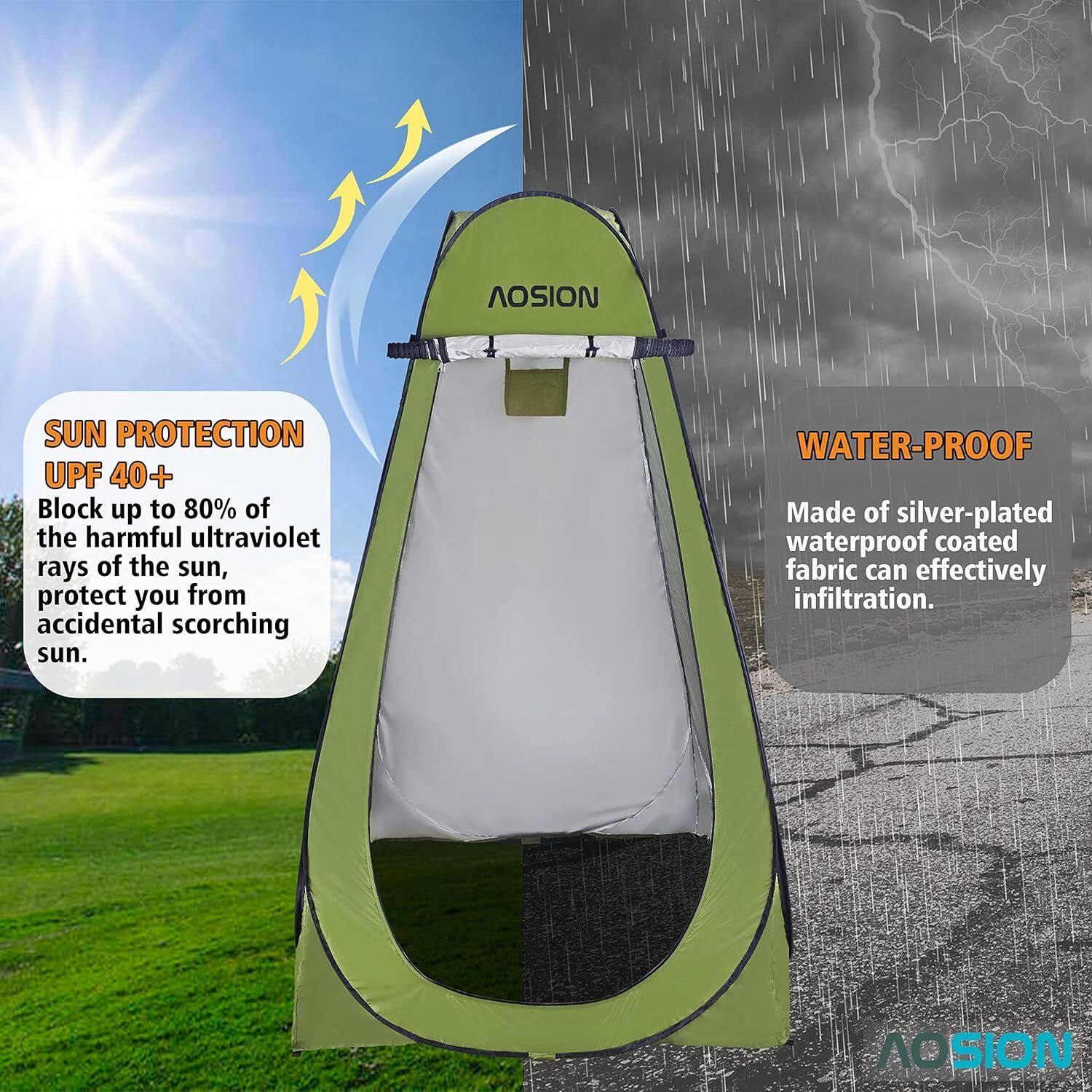 AOSION SUN PROTECTION UPF 40+  
Block up to 80% of the harmful ultraviolet rays of the sun, protect you from accidental scorching sun.  
WATER-PROOF  
Made of silver-plated waterproof coated fabric can effectively infiltration.