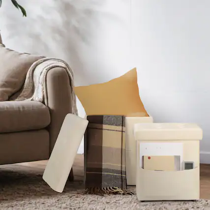 Front. Oumilen - Velvet Foldable Storage Cube Ottoman Foot Stool with Side Pocket, Beige - Pink.