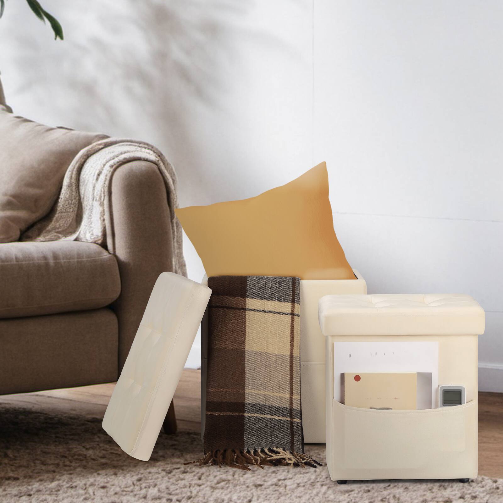 Front. Oumilen - Velvet Foldable Storage Cube Ottoman Foot Stool with Side Pocket, Beige - Pink.