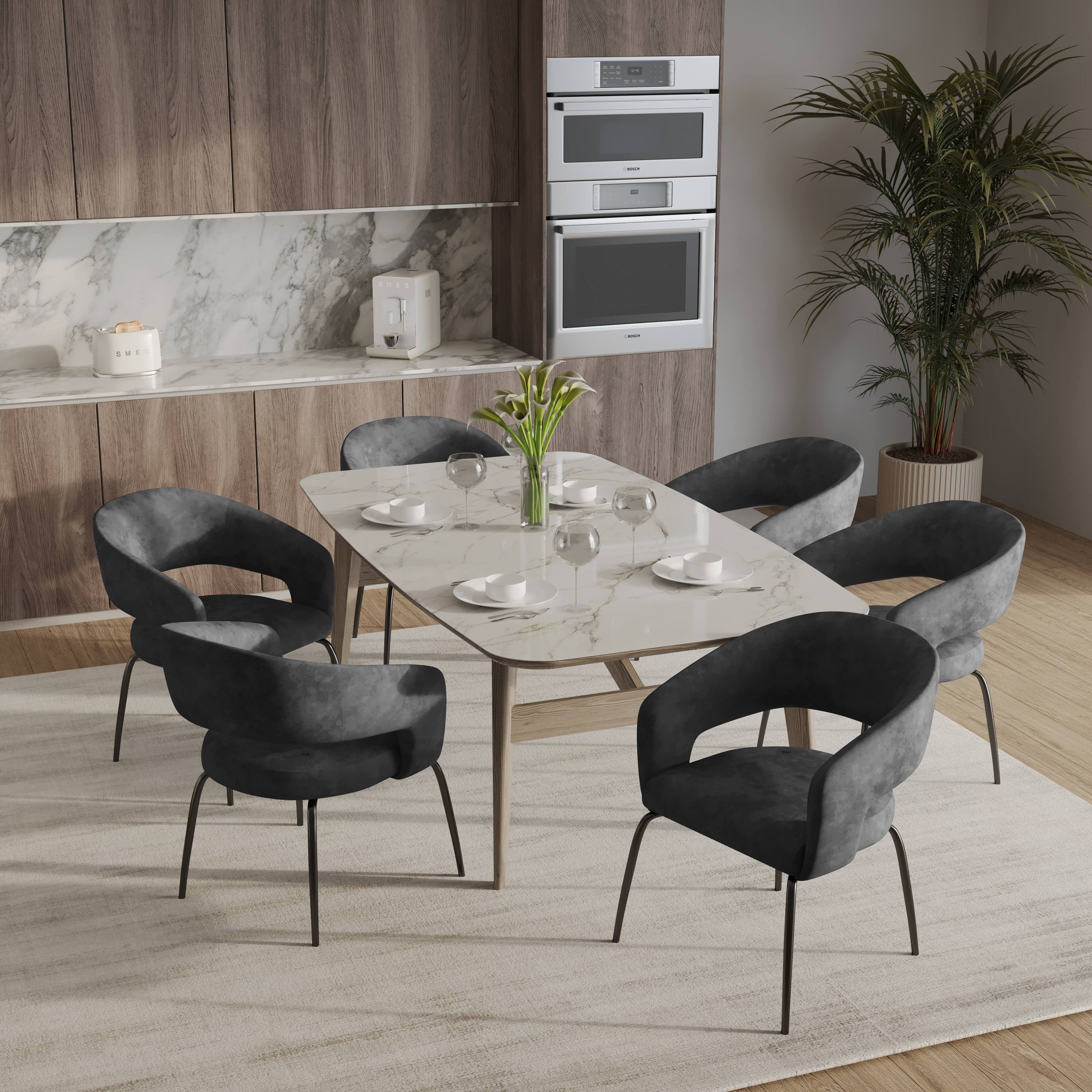 Angle. LeisureMod - Gavin Modern Upholstered Dining Chair, Open Back Velvet/PU Leather Accent Chair with Metal Legs - Charcoal Velvet.
