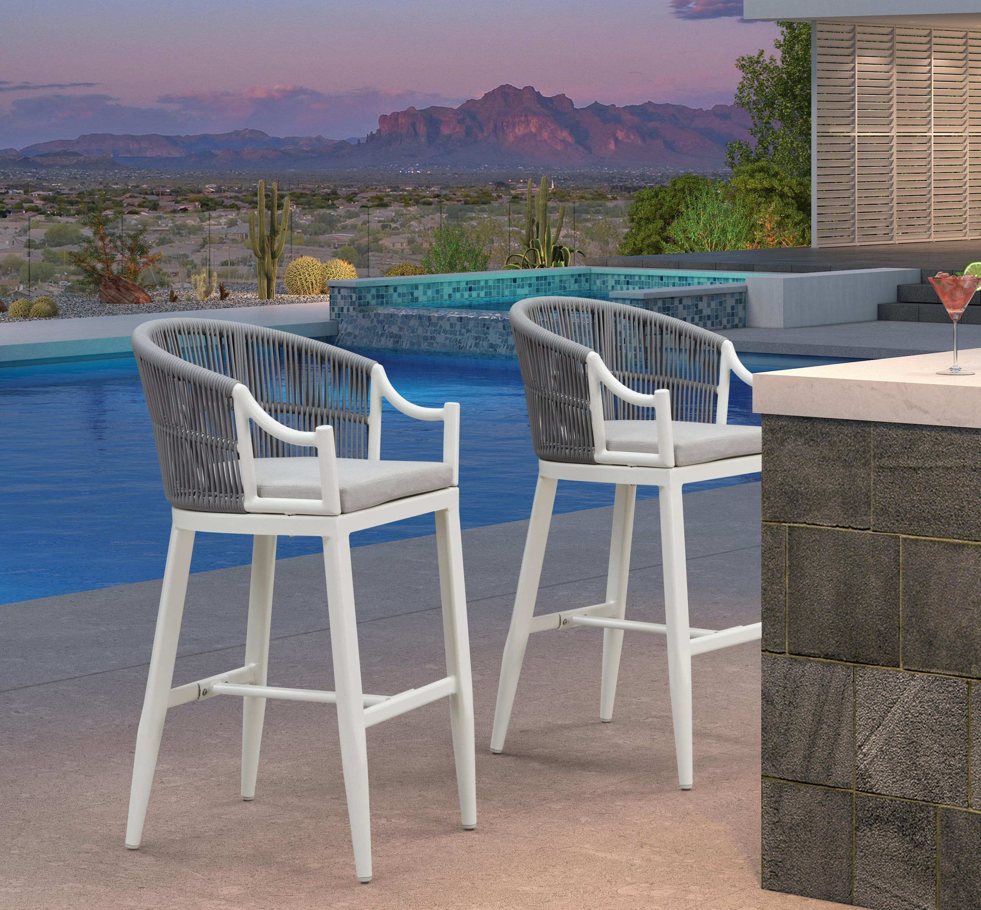 Front. PURPLE LEAF - Patio Bar Height Set of 2 Outdoor Rattan Chairs with Back Modern Aluminum Woven Barstools for Garden Indoor Kitchen - White-Bar Stool.