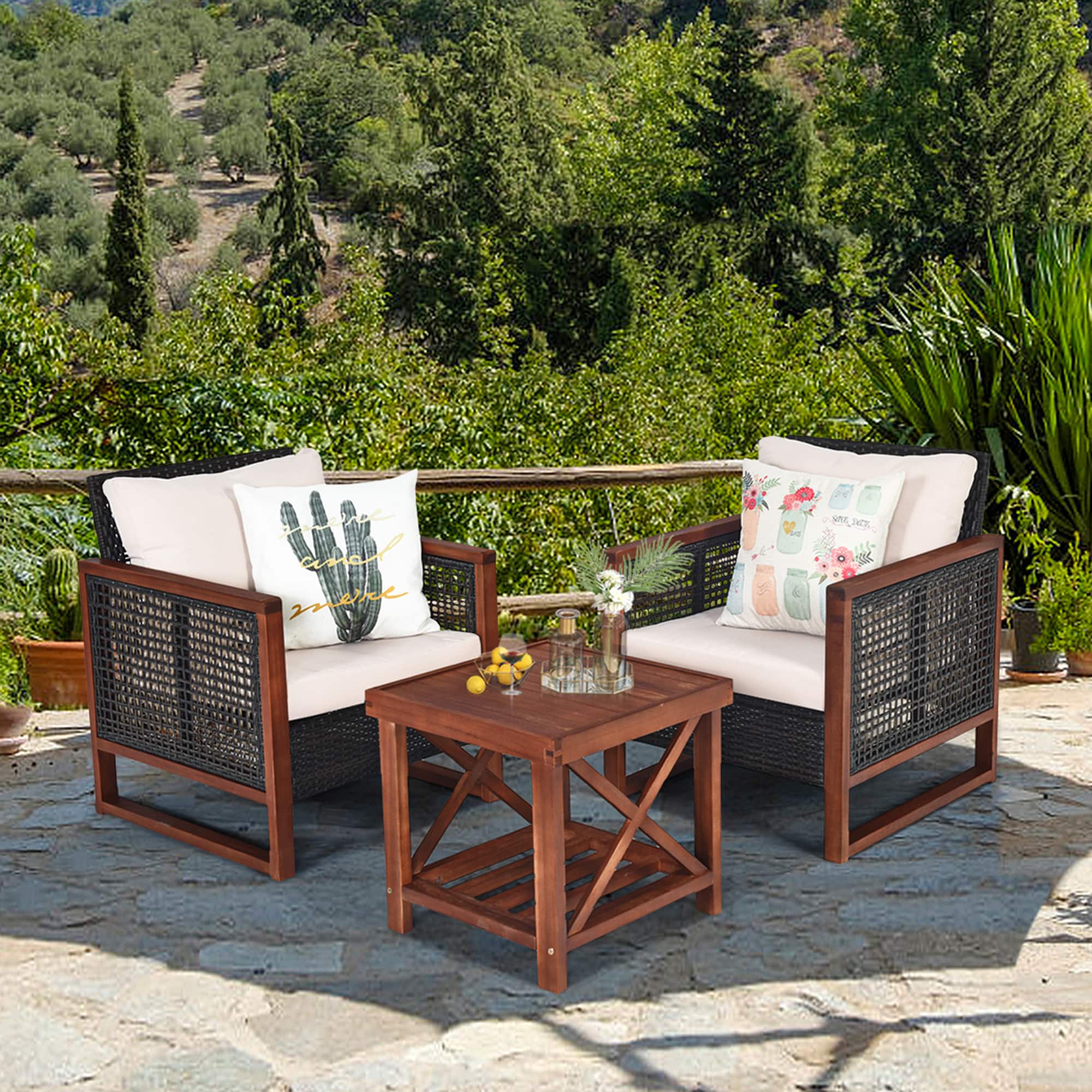 Gymax - 3PCS Rattan Wicker Patio Conversation Set Outdoor Furniture Set w/ Cushion - as pic price history on PriceWatchPro