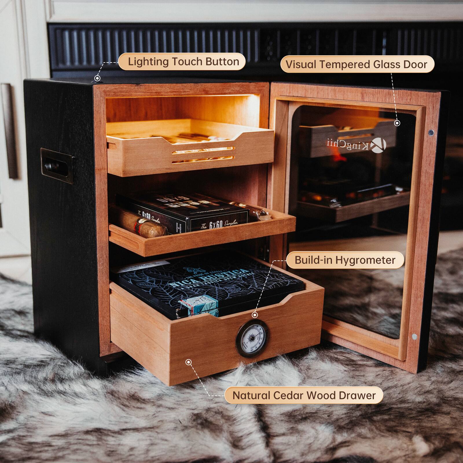 - Lighting Touch Button
- Visual Tempered Glass Door
- Build-in Hygrometer
- Natural Cedar Wood Drawer