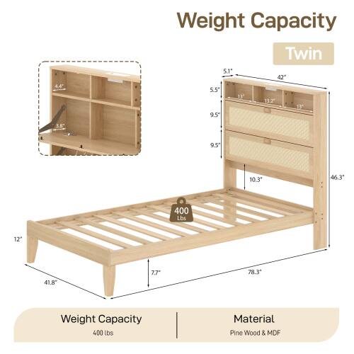4.4" Weight Capacity Twin 5.1" 42" 5.5" 13" 13.2" 13" 9.5" 3.8" 9.5" 10.3" 46.3" 400 lbs 12" 41.8" 7.7" 78.3" Weight Capacity 400 lbs Material Pine Wood & MDF