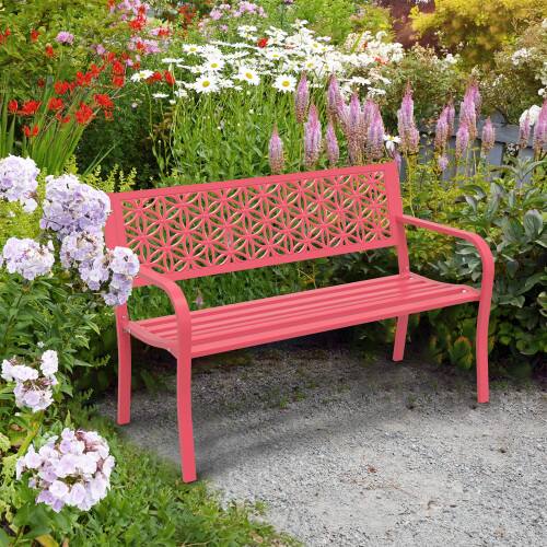 Alt View 4. Winado - 50in Outdoor Bench Metal with Floral Back, Garden Bench Front Porch Bench for Yard Patio Porch Entryway Park Outside - Pink.
