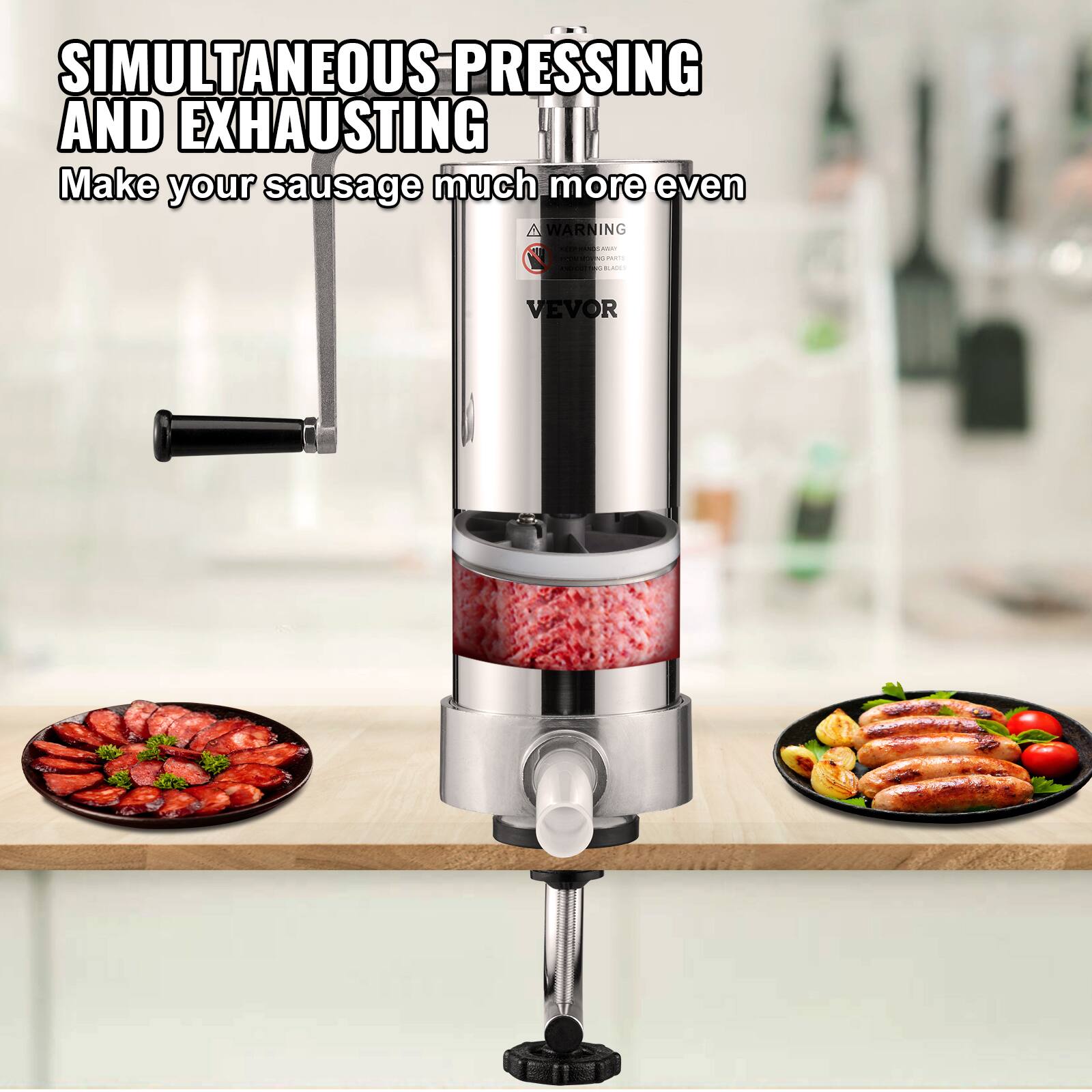 SIMULTANEOUS PRESSING AND EXHAUSTING  
Make your sausage much more even  

WARNING  
VEVOR