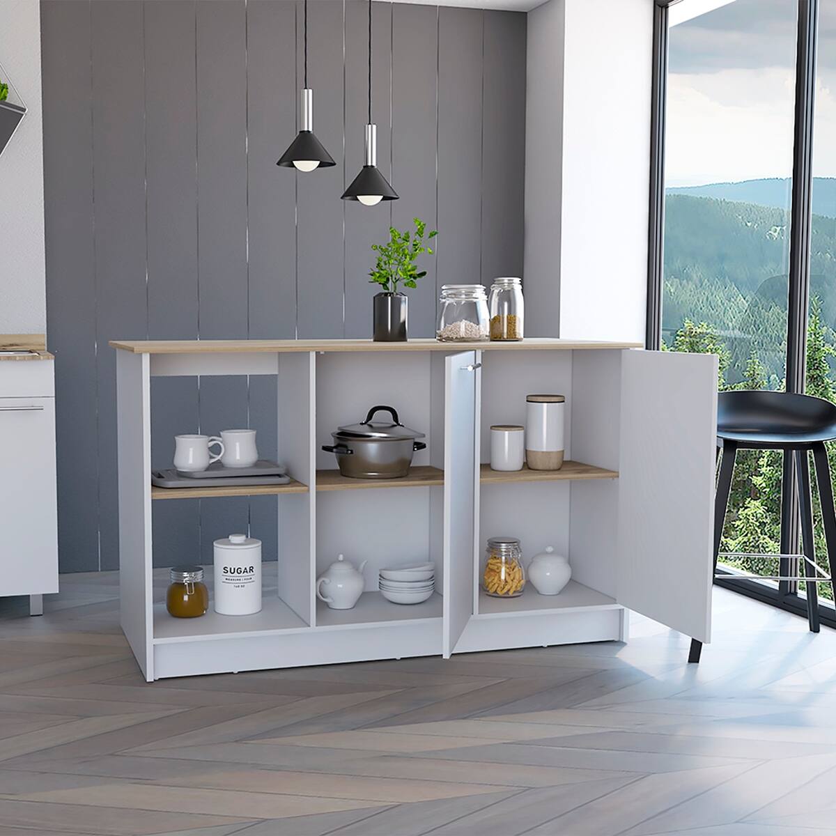 Back. Loheer - Loheer Modern Stationary Kitchen Island with Cabinets Light Oak White - Light Oak and White.