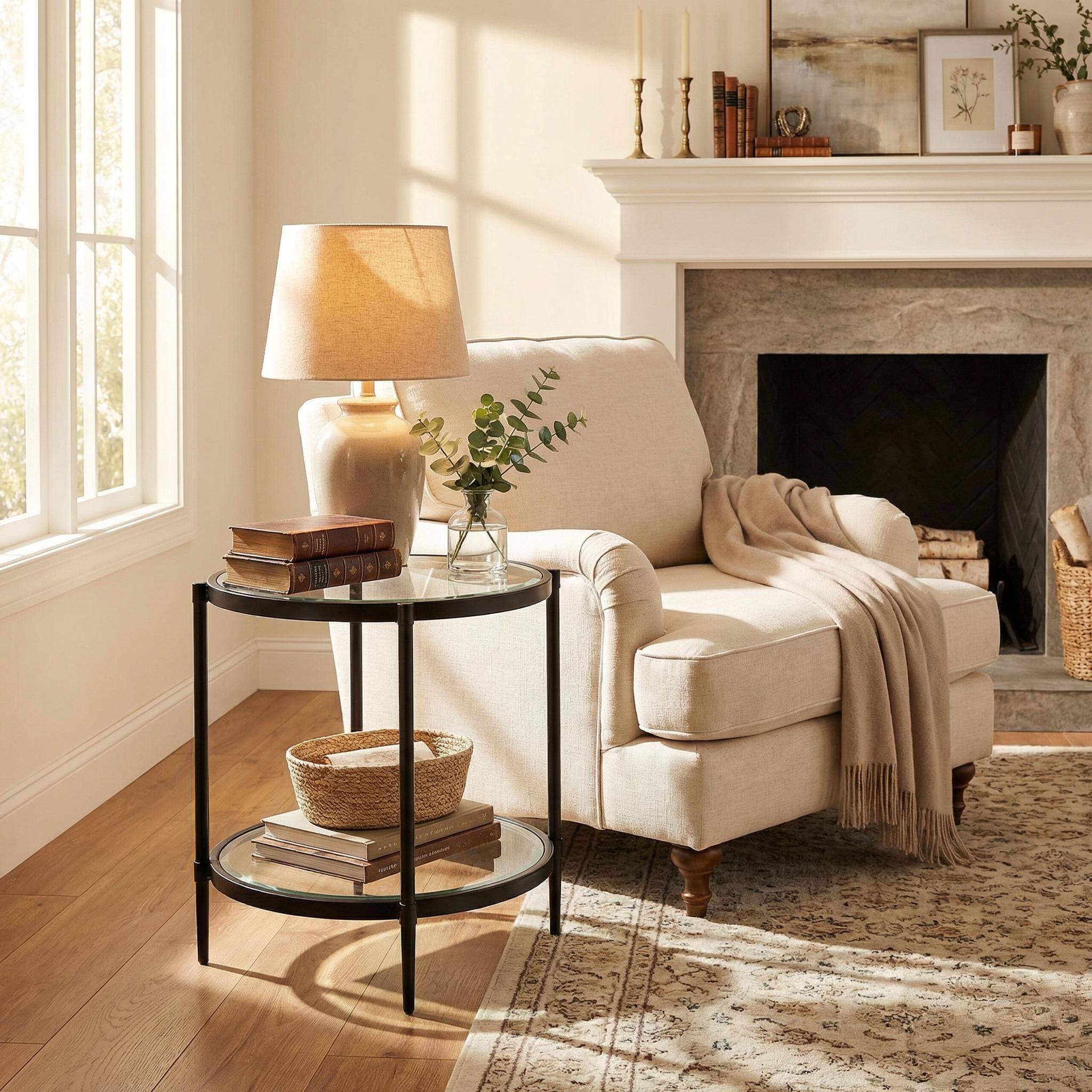 Alt View 2. Boyel Living - 21.65 in. Black Frame Round Glass Top Coffee Table with Storage Shelf - Black+Glass.