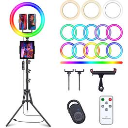 PARKER SLATER - 13" selfie ring light with 76" tripod, 3 phone holders, 48 RGB modes, music sync, and 12 brightness levels.