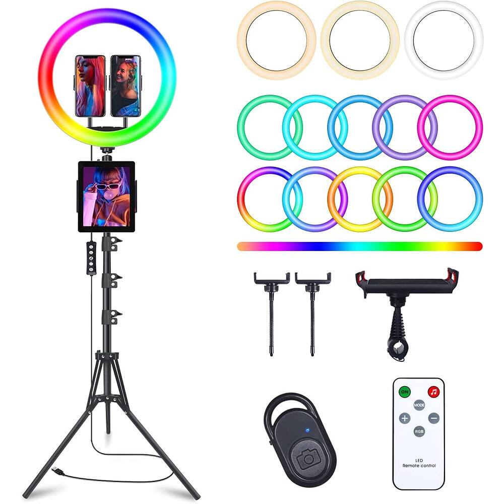 PARKER SLATER - 13" selfie ring light with 76" tripod, 3 phone holders, 48 RGB modes, music sync, and 12 brightness levels.