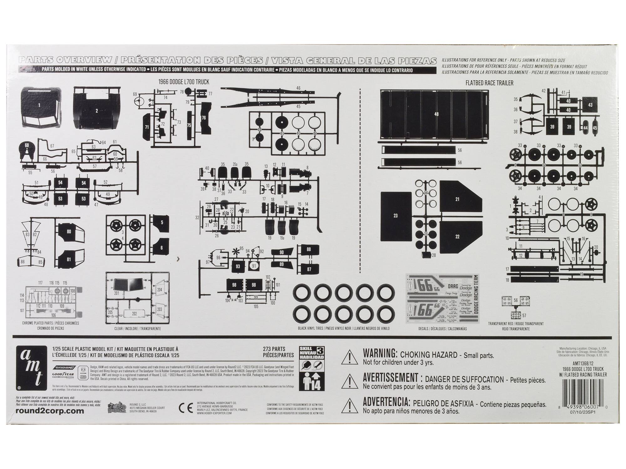 **Parts Overview / Présentation des pièces / Vista general de las piezas**

**1966 Dodge L700 Truck Flatbed Race Trailer**

**Parts molded in white unless otherwise indicated - Les pièces sont moulées en blanc sauf indication contraire - Piezas modeladas en blanco a menos que se indique lo contrario**

**Illustrations for reference only - Parts shown at reduced size - Ilustraciones para la referencia solamente - Piezas mostradas en tamaño reducido**

**1/25 Scale Plastic Model Kit / Kit maquette en plastique à l'échelle 1/25 / Kit de modelismo de plástico escala 1/25**

**273 Parts / 273 Pièces / Piezas**

**Skill Level / Nivel de habilidad / Nivel de habilidad**

**Warning: Choking Hazard - Small parts. Not for children under 3 yrs. / Avertissement: Danger de suffocation - Petites pièces. Ne convient pas pour les enfants de moins de 3 ans. / Advertencia: Peligro de asfixia - Contiene piezas pequeñas. No apto para niños menores