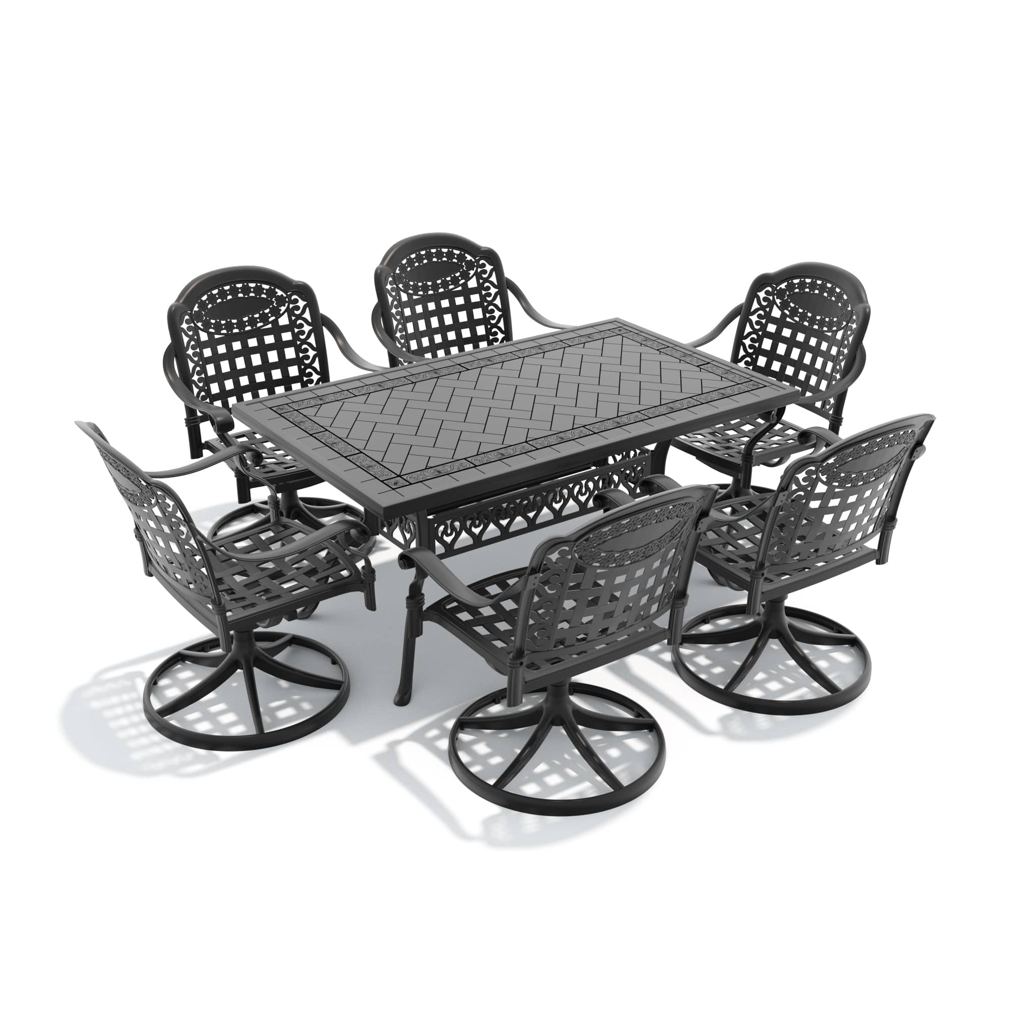 Anysun - 7-Piece All-Weather Cast Aluminum Dining Set with 6 Swivel Chairs & Rectangular Table, Frame for Patio or Garden - Black