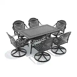 Anysun - 7-Piece All-Weather Cast Aluminum Dining Set with 6 Swivel Chairs & Rectangular Table, Frame for Patio or Garden - Black