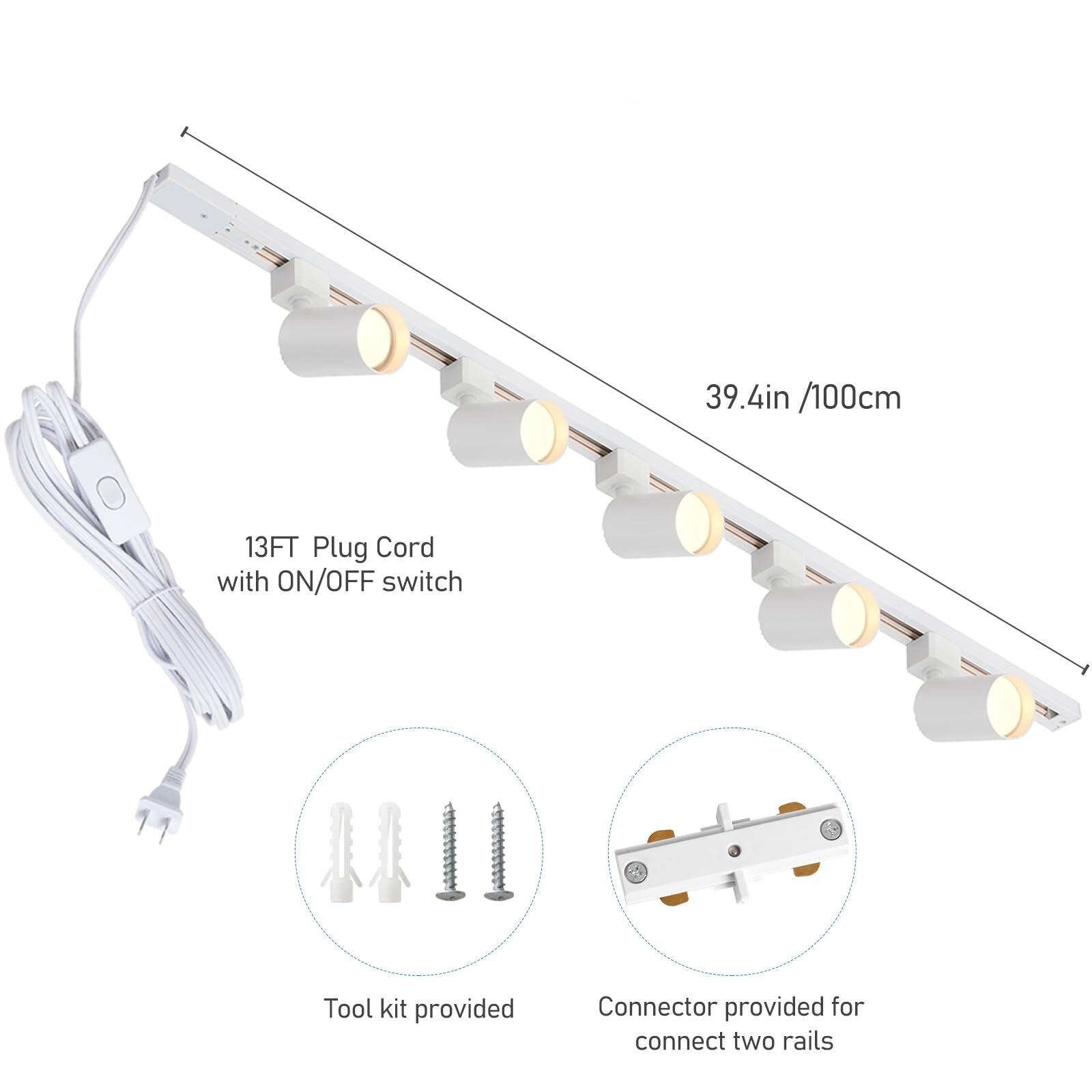 39.4in / 100cm  
13FT Plug Cord with ON/OFF switch  
Tool kit provided  
Connector provided for connect two rails