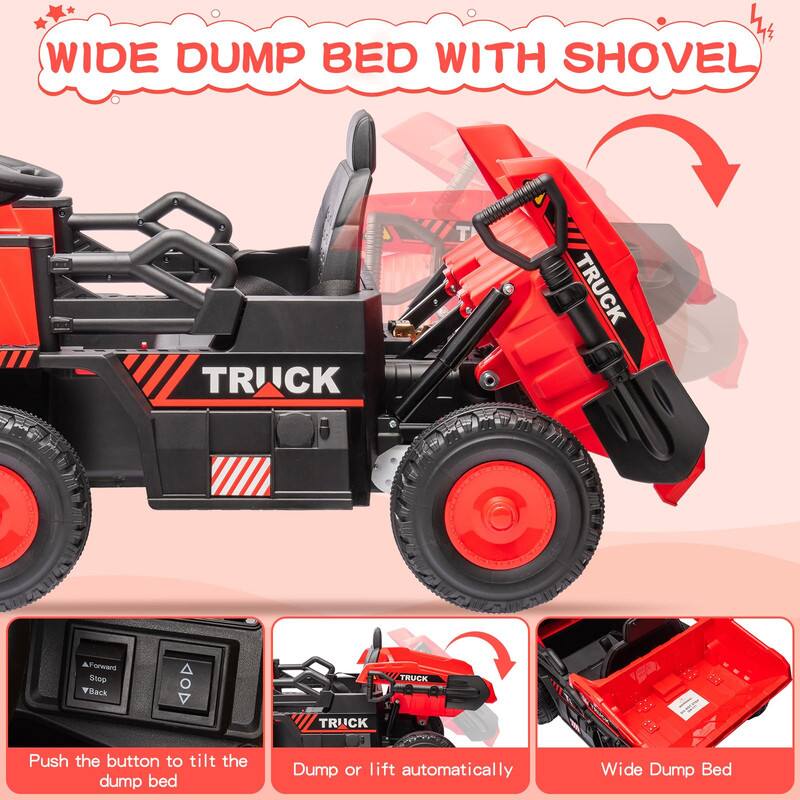 WIDE DUMP BED WITH SHOVEL

TRUCK

Push the button to tilt the dump bed

Dump or lift automatically

Wide Dump Bed