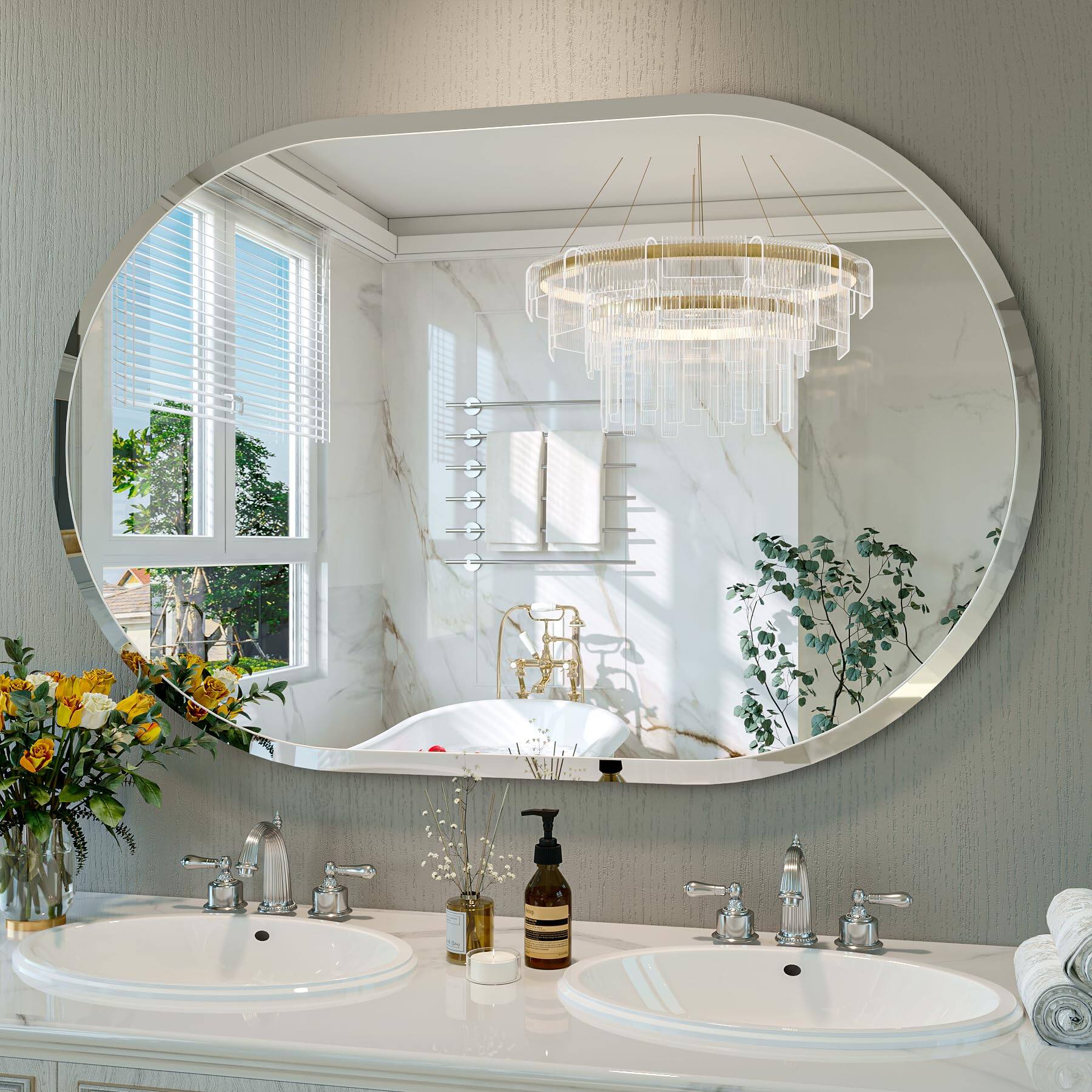 Comfort Essence - Frameless Oval Mirror 18"x26" Beveled Vanity Mirrors For Bathroom Wall Mounted Bedroom Entryway Living Ro - 48"x32"