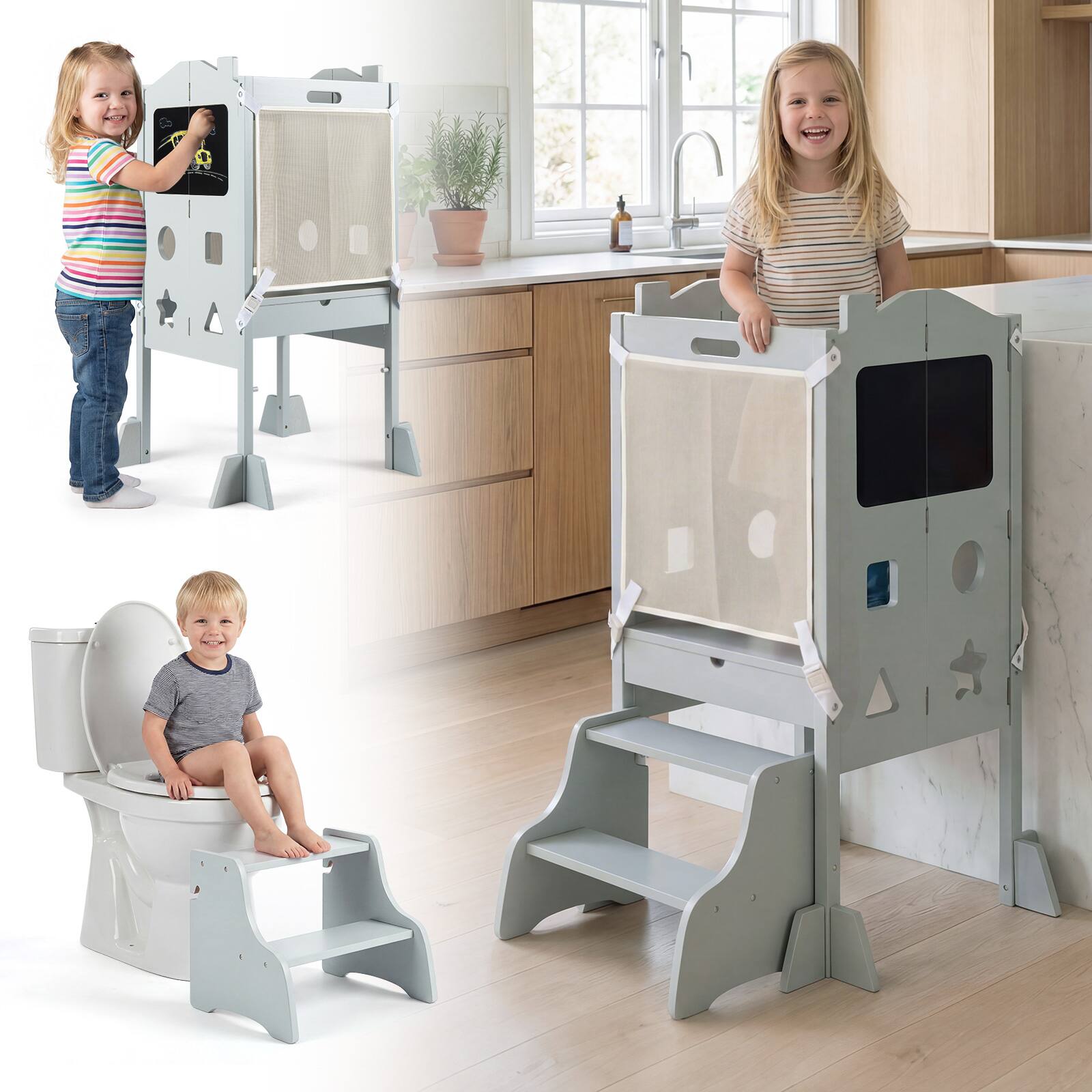 Alt View 5. Gymax - Gymax Foldable Toddler Step Stool w/Chalkboards 2-Step Stool Hollowed-out Patterns Grey - Gray.