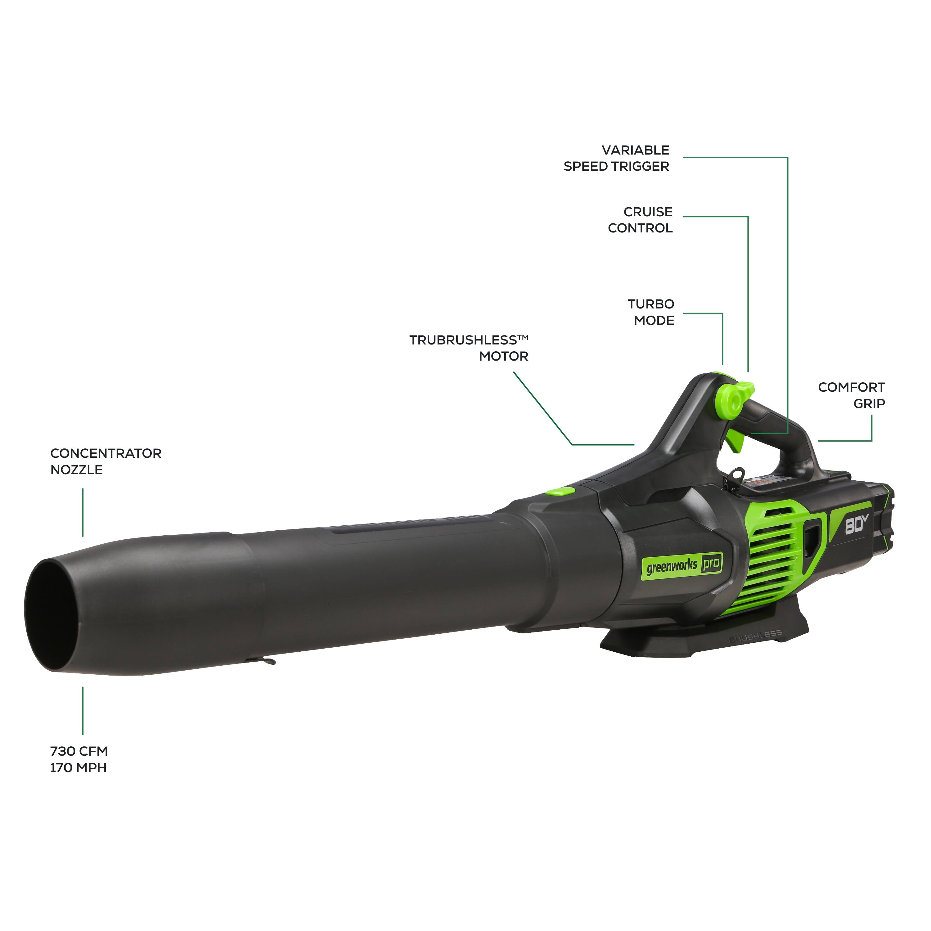 Angle. Greenworks - 80-Volt 170 MPH 730 CFM Cordless Handheld Blower (1 x 2.5Ah Battery and 1 x Charger) - Green.