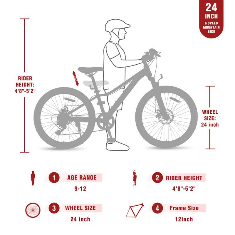 24 INCH 6 SPEED MOUNTAIN BIKE

1. AGE RANGE: 9-12
2. RIDER HEIGHT: 4'8"-5'2"
3. WHEEL SIZE: 24 inch
4. Frame Size: 12 inch