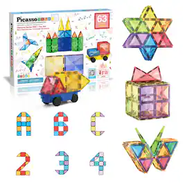 PicassoTiles - PICASSO-TILES Magnetic Tiles for Kids, 63PCS Construction STEM Building Blocks Educational Toy - Multicolor